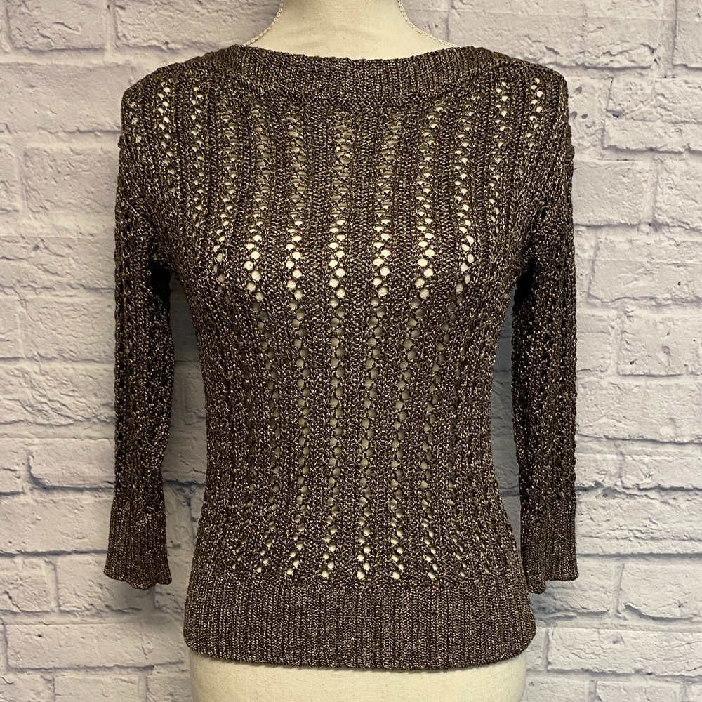 Elliott Lauren Metallic Brown Open-Knit Sweater Size Small